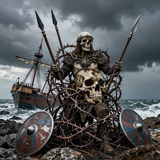 Photograph of a skull-headed warrior with thorny armor, holding spears and shields, against a stormy sea and shipwreck background. Dark
