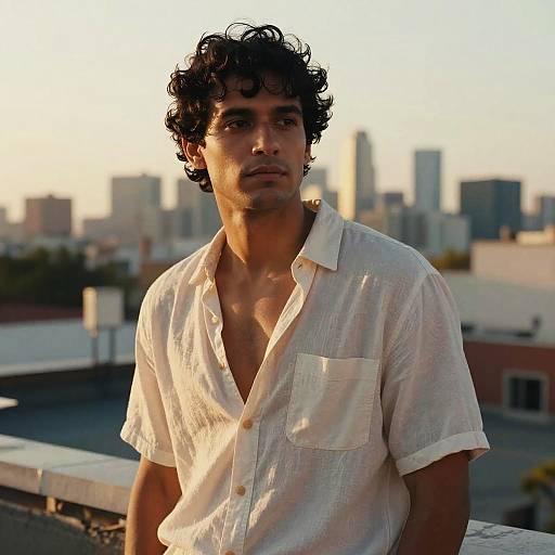 Photograph of a young man with curly black hair, medium brown skin, wearing an unbuttoned white shirt, standing on a rooftop with a city