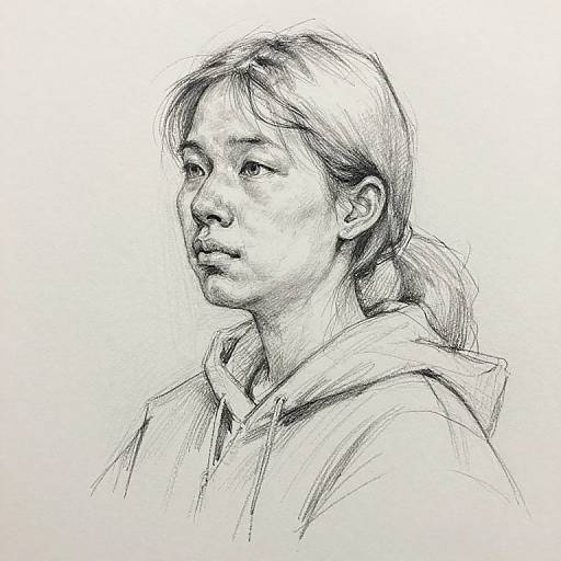 Detailed black and white pencil sketch of a young woman with tied-back hair, wearing a hooded sweatshirt, gazing to the left.