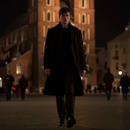 Photograph of a serious-looking man in a long black coat walking at night in a dimly lit, historic European town square with a tall, illuminated