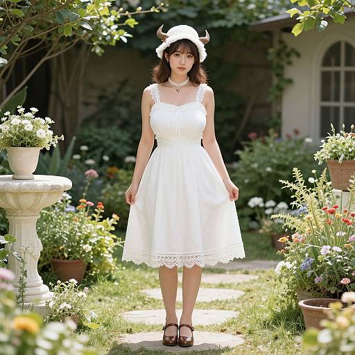 Photograph of a young woman in a white lace dress, horned white hat, standing in a sunlit garden, surrounded by potted flowers.