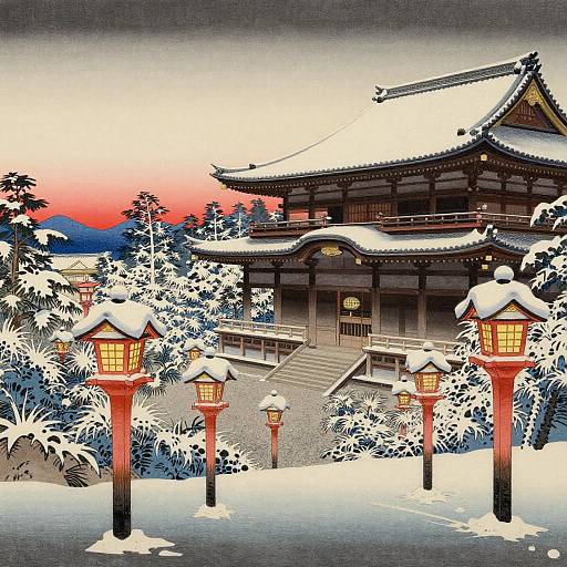Snowy Mountain Temple with Lanterns at Dawn