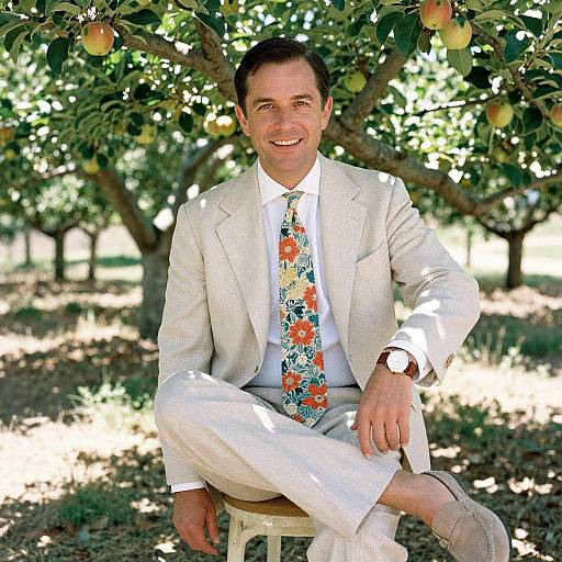 Photograph of a smiling man in a white suit, colorful floral tie, and beige shoes, sitting under an apple tree.