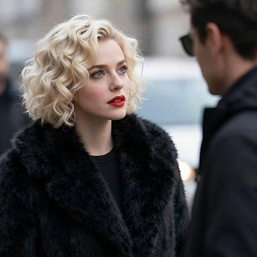 Platinum Blonde in Black Fur Coat