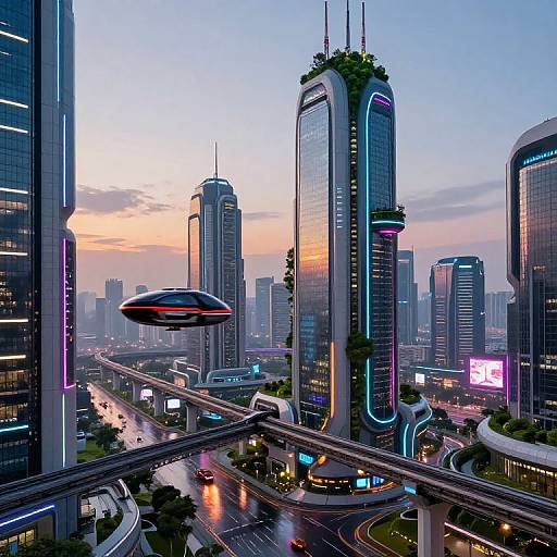 Futuristic Cyberpunk Cityscape at Dusk