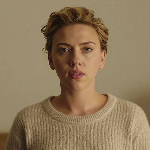 Photograph of a woman with short, wavy blonde hair, light skin, and blue eyes, wearing a beige, knitted sweater, looking directly