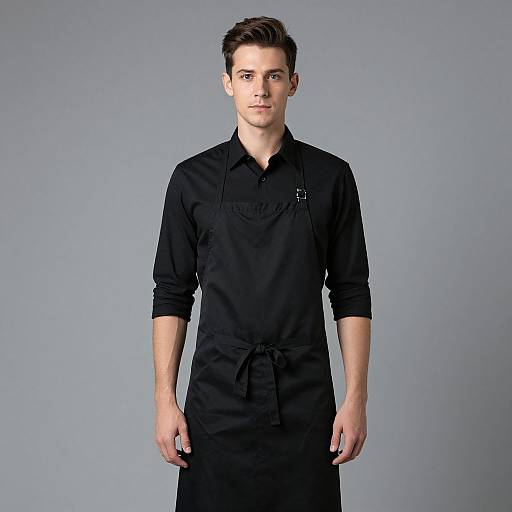 Photograph of a young man with short brown hair, wearing a black, long-sleeve shirt and apron, standing against a plain gray background