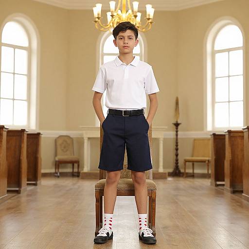 Photograph of a young boy with short black hair, wearing a white polo shirt, navy shorts, white socks with red stripes, and black shoes,