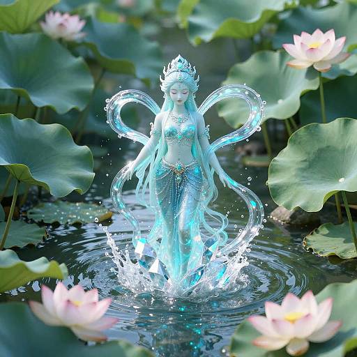 Digital artwork of a blue ethereal mermaid with glowing flames emerging from water, surrounded by pink lotus flowers and green lily pads.