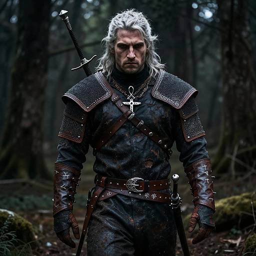 Photograph of a stern, white-haired man in dark medieval armor with cross pendant, sheathed sword, and leather belt in a dark, misty