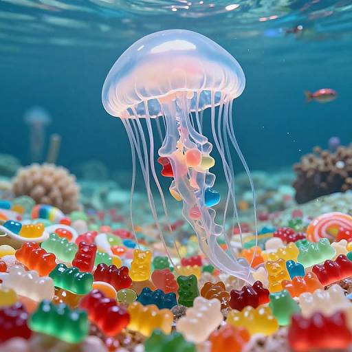 Giant Jellyfish Over Gummy Bear Landscape