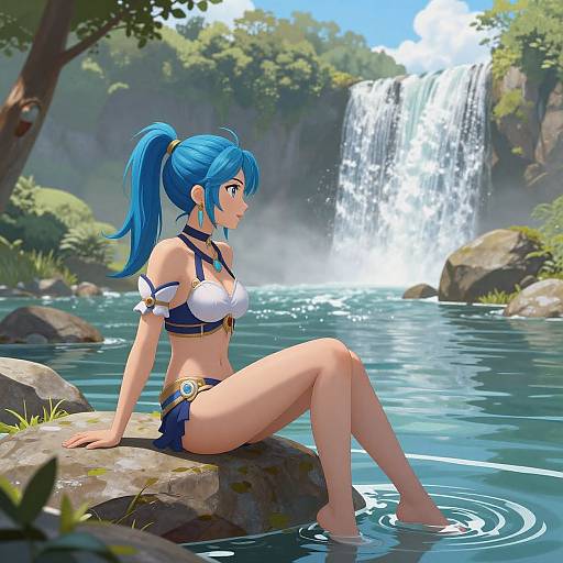 Digital anime-style drawing of a blue-haired girl in a white bikini top and blue shorts, sitting on a rock by a waterfall, legs in clear water