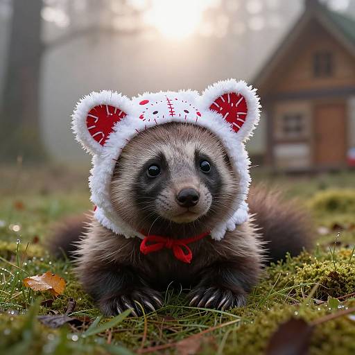 Photograph of a cute raccoon wearing a white, fuzzy, red-ear hat with bloodstains and a red ribbon, lying on mossy