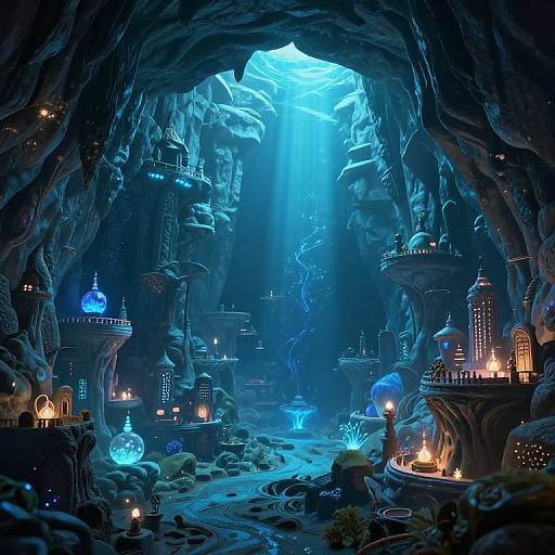 Digital illustration of a mystical underwater cave with glowing blue lights, illuminated city structures, and ethereal, bioluminescent creatures amid rocky terrain.