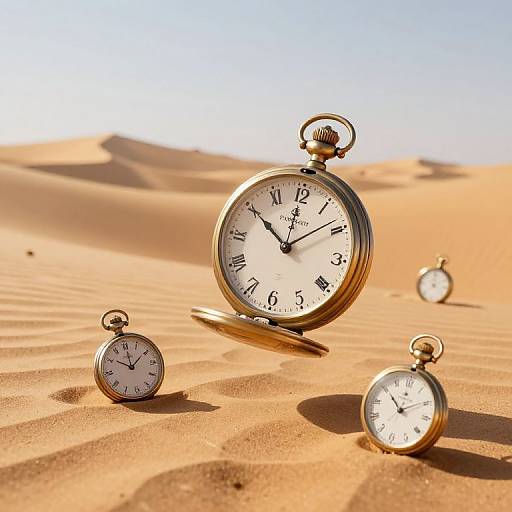 Photograph of three vintage pocket watches floating in a sunlit desert with golden sand dunes, shadows, and clear blue sky.