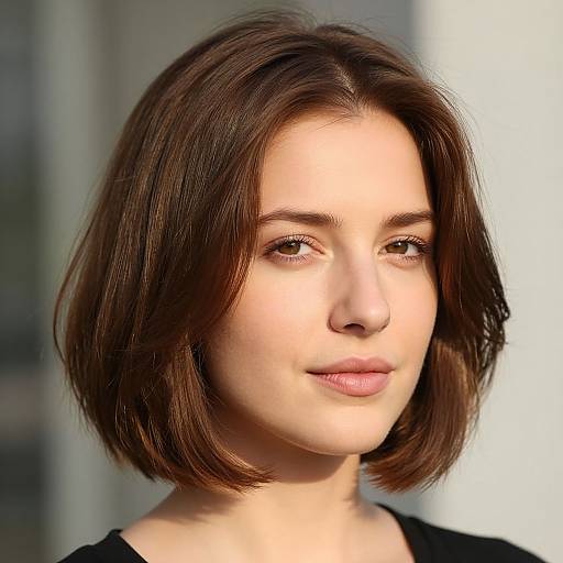 Photograph of a young woman with fair skin, short brown bob haircut, and light makeup, wearing a black top, with a softly lit background.