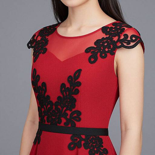 Photograph of an Asian woman in a sleeveless red dress with black floral lace patterns, sheer mesh neckline, and black waistband.