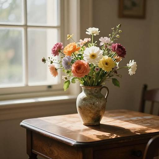 Photograph of a rustic ceramic vase filled with colorful flowers, including daisies and roses, placed on a wooden table in sunlight from a window.