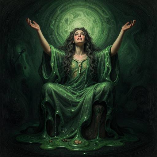 Digital art of a mystical woman with long, wavy black hair, wearing a green, glowing, liquid-like dress, seated with arms raised, surrounded