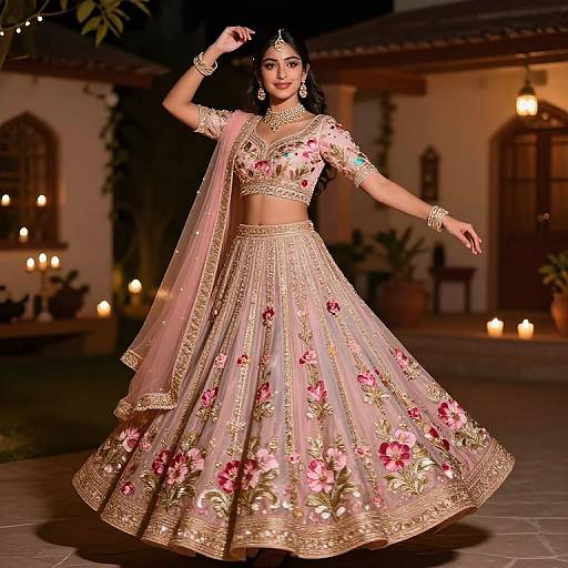 Photograph of a beautiful South Asian woman in a pink, gold-embellished traditional lehenga, mid-dance, adorned with jewelry, under