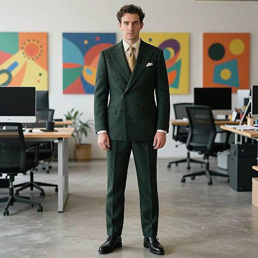 Photograph of a handsome man in a dark green suit, white shirt, yellow tie, and black shoes standing in a modern, colorful office with abstract