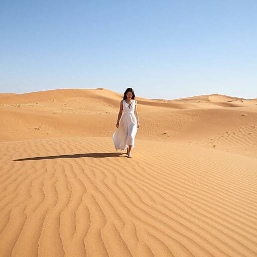 Photograph of a woman in a white flowing dress walking through sunlit, rippled golden desert sands under a clear blue sky.
