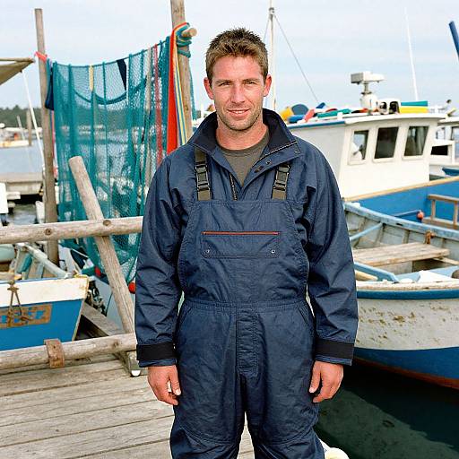 Man in Navy Snow Pants on Rustic Dock