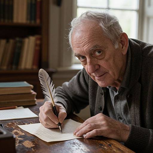 Elderly Man Writing in Historic Library