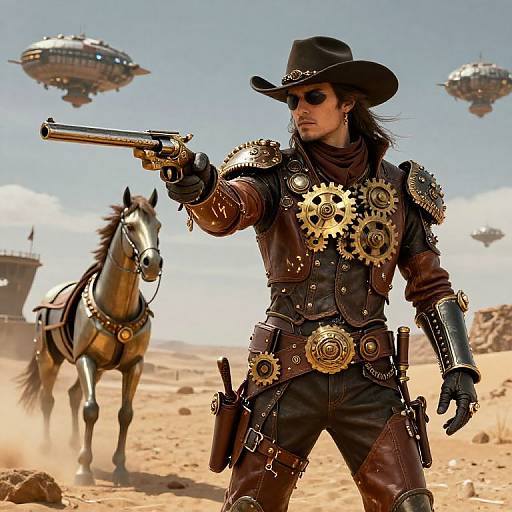 Steampunk cowboy in brown leather gear with gears, holding revolver, standing in desert with horse and hovering airships in background. Photorealistic CGI