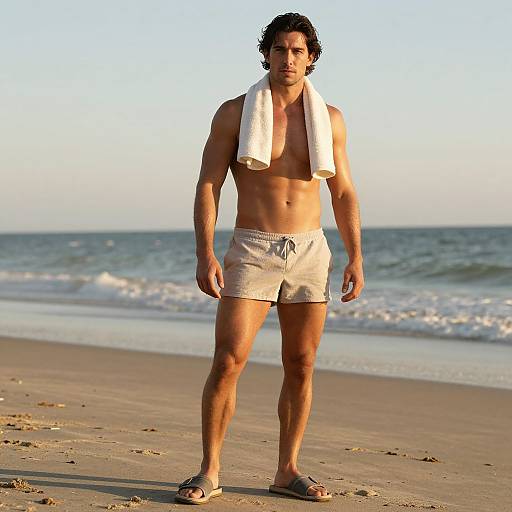 Photograph of a muscular, dark-haired man with a white towel around his neck, wearing beige shorts and flip-flops, standing on a sandy beach