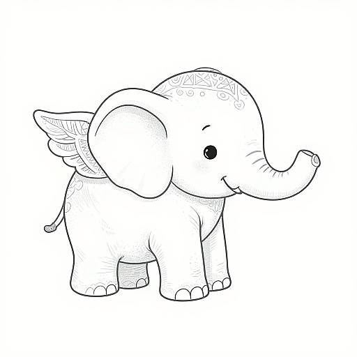 Cute black-and-white line drawing of a small, cartoon-style elephant with large ears, a curly tail, and a happy expression.