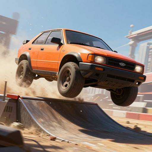 Photograph of a bright orange, vintage Ford sedan mid-jump over a dirt ramp, dust flying, clear blue sky background.