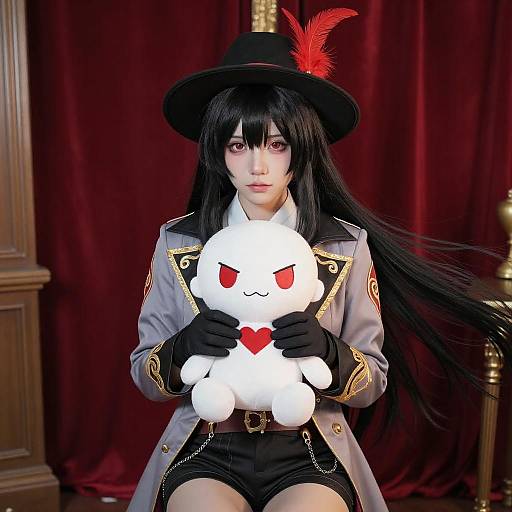 Cosplayer in Black Hat with Plush Toy