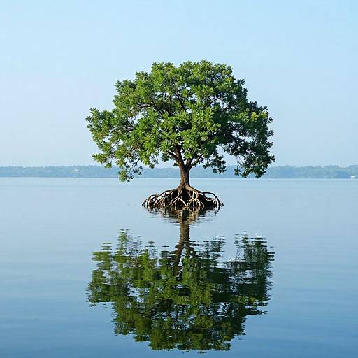 Photograph of a solitary, leafy tree with exposed roots, floating on calm, reflective water, under a clear, blue sky.
