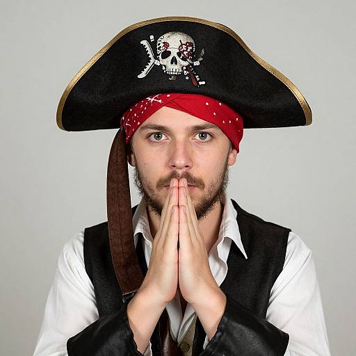 Photograph of a bearded man with fair skin, wearing a black pirate hat with a skull and crossbones, red bandana, white shirt,