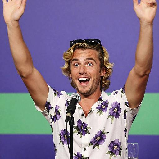 Excited Man in Floral Shirt and Sunglasses