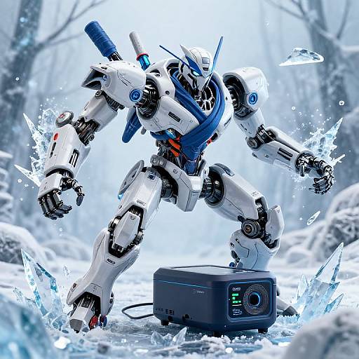 Photorealistic CGI of a white and blue robotic warrior standing in snowy forest, splashing water with powerful arm, wielding a black electrical device. Dynamic
