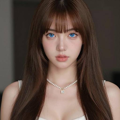 Portrait of Young Woman with Blue Eyes and Pearl Necklace