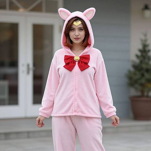 Photograph of a young woman in a pink bunny hoodie with red bow, cat ears, and matching pants, standing outside.