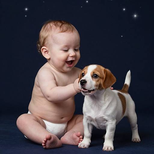 Baby and Puppy Under Starlit Sky