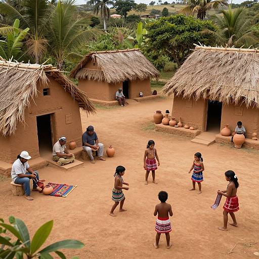 Photograph of a village scene: six topless children with colorful skirts dance in front of thatched huts, surrounded by adults, clay pots,