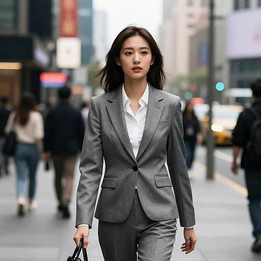 Photograph of a confident Asian woman with straight black hair, wearing a gray suit and white shirt, walking downtown in a bustling city, holding a black