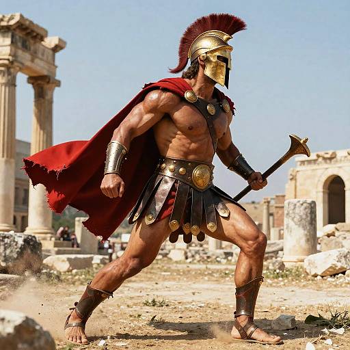 Spartan Warrior Charging Through Battle