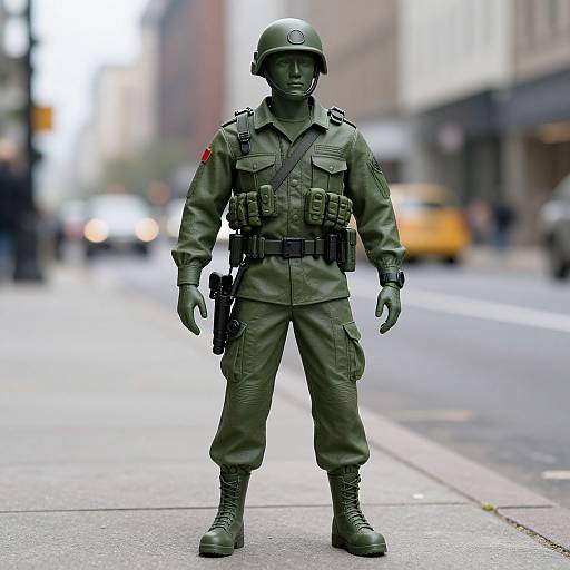 Photograph of a green-painted military-style action figure in full tactical gear, standing on a city sidewalk with blurred background.