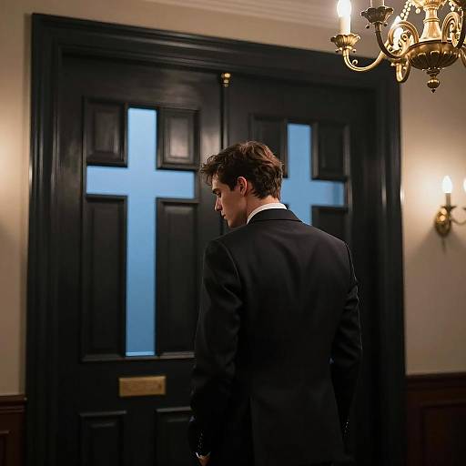 Man Standing by Black Door with Cross Windows