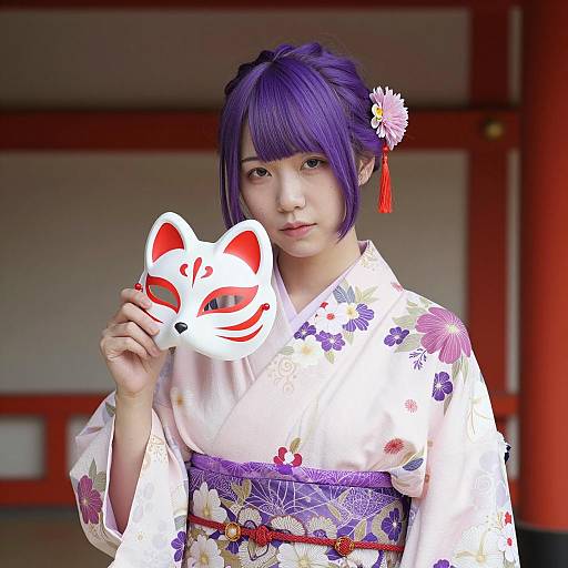 Floral Yukata Woman with Fox Mask