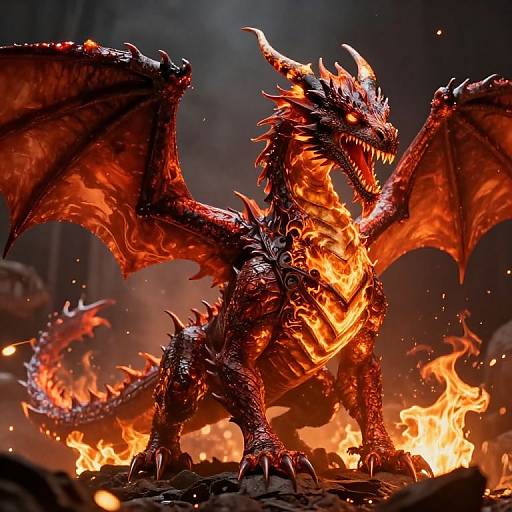 Digital art of a fierce, red-black dragon with fiery orange accents, glowing eyes, and large wings, standing amidst blazing flames in a dark, sm