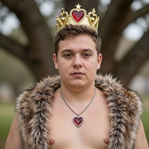 Photograph of a fair-skinned young man with short brown hair, wearing a golden crown with a red heart, fur cape, and matching necklace,