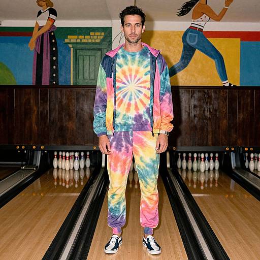 Man in Tie-Dye Outfit at Bowling Alley