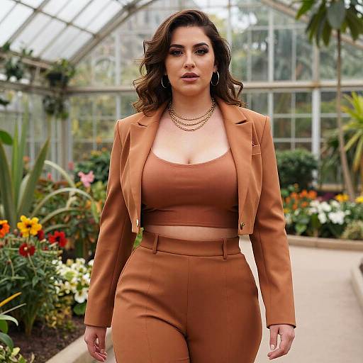 Photograph of a confident woman with wavy brown hair, wearing an orange crop top and matching high-waisted pants, layered necklaces, and